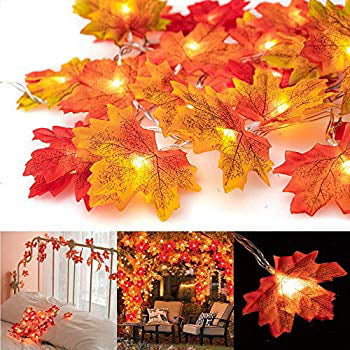 SULIVES Maple Leaf Thanksgiving Decorations Garland String Lights，40 LED 13ft Fall Lighted Garland,Battery Powered for Christmas,Garden Patio Yard,Party,Home Decor 